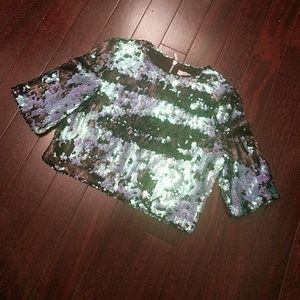 Lucy Paris Short Sleeve Sequin Cropped Top - Blue/Black